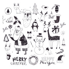 Christmas characters and characters doodles drawn in ink