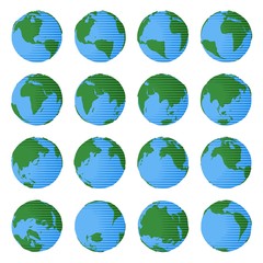 Set of globe icons with different countries and oceans in simple cartoon style