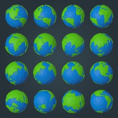 Collection of planet Earth icons in modern low poly geometric style