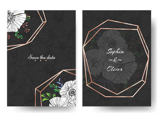 Wedding Invitation Gold Frame flowers poppies on black background. Trendy illustration vector design.