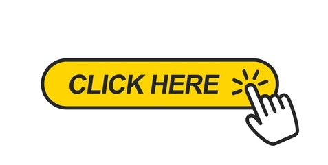 Yellow button with the inscription click here and with the pointing hand icon. Click here, with hand pointing icon for the website.
