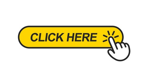 Click here. Web button with hand pointer action. Sign indicating where to click. Vector button isolated on white background.