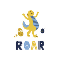 Vector cute cartoon hand drawn dinosaur with lettering quote Roar. Tyrannosaurus with eggs. Vector illustration of scandinavian t-rex character for children textile print with funny lettering
