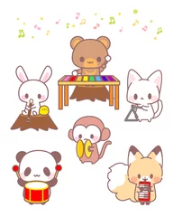 Muurstickers Speelgoed Beer panda konijn aap kat vos kuiken / dieren schattig muziekinstrument concert illustratie