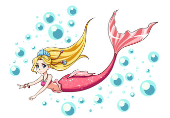 Cute swimming mermaid vector design. Anime girl with blonde hair and pink fishtail. Isolated on white background and bubbles. Template for design cards, notebook, shop, poster.