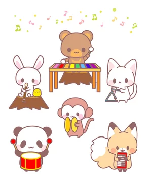 くまパンダうさぎ猿ねこきつねひよこ 動物たちのかわいい楽器演奏会イラスト Stock Vector Adobe Stock