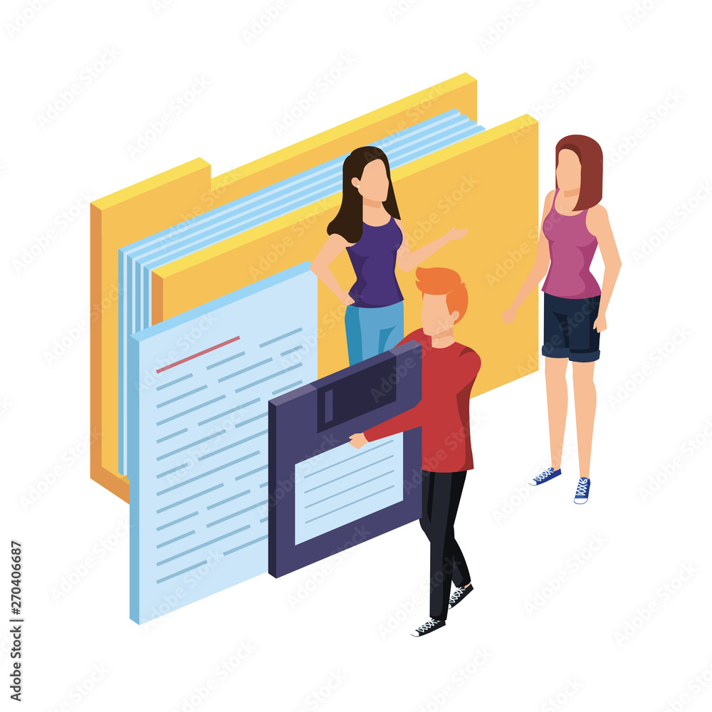 Poster people with folder documents and floppy disk