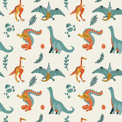Cute childish seamless vector pattern with dinosaurs t-rex with eggs, decor. Funny cartoon dino pterodactyl. Hand drawn doodle design for girls, kids. children illustration for fashion clothes, fabric