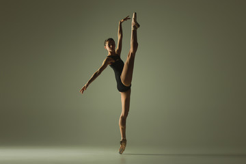 Graceful ballet dancer or classic ballerina dancing isolated on grey studio background. Showing...