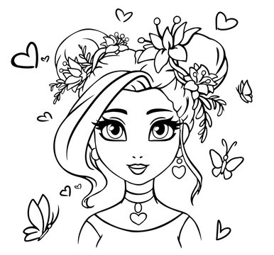 Contour art of girl portrait. Two buns hairstyle, flowers in hair. Hand drawn vector illustration. Isolated on white. Can be used for coloring books, children games etc.