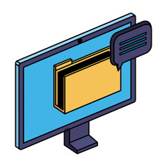 computer with folder documents files and speech bubble