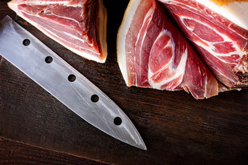Spanish ham, bellota, jamon serrano, crudo, italian prosciutto, whole leg,  parma ham cut with a...