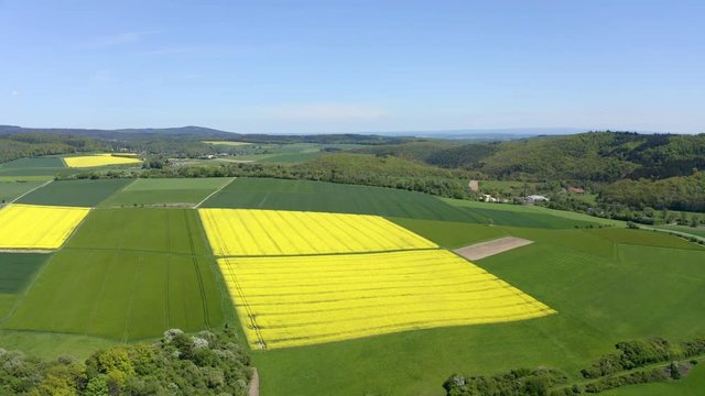 Aerial view, flight over agriculture with cereal fields and rapeseed cultivation, Usingen, Schwalbach, Hochtaunuskreis, Hesse, Germany