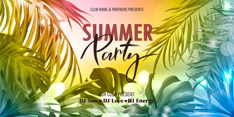 Summer Party banner.Beautiful Background with tropical leaves. Vector illustration for invitation,website , posters,ads, coupons, promotional material. - obrazy, fototapety, plakaty