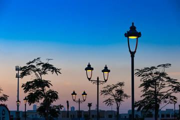 Nocturne street view with lighten up street lanterns