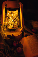 lamp with warm light, book and apples