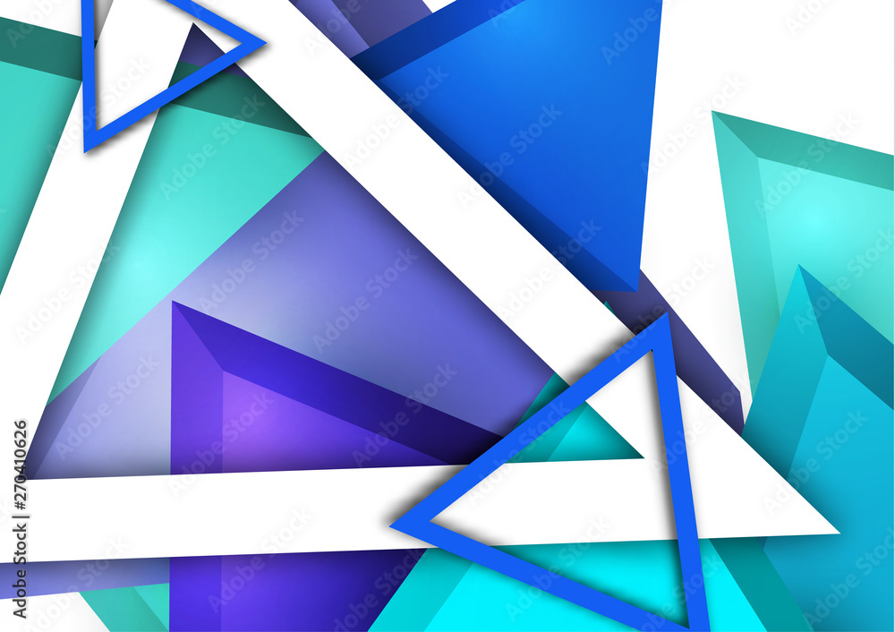 Poster bright abstract background template, geometric colorful triangles with 3d effect.