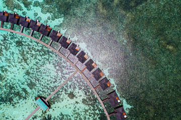 Aerial view,  island Olhuveli with Waterbungalows, South Male Atoll, Maldives