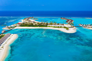 Aerial view, under construction Maldives island with water bungalows, South Male Atoll Maldives, Mar 2019