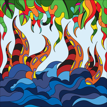 Vector illustration of sea waves, monster with tentacles and paradise garden. Abstract graphics for wallpapers, textile backgrounds and book covers.