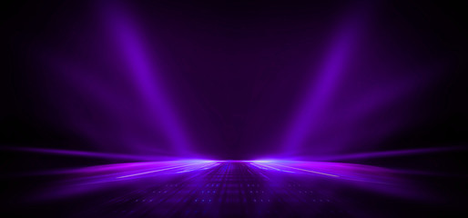 Empty stage background in purple color, spotlights, neon rays. Abstract background of neon lines and rays. Abstract background with lines and glow. Empty stage the reflection of neon lights