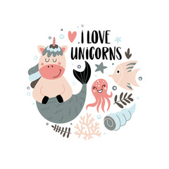 Composition with funny mermaid-unicorn