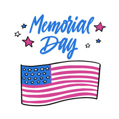 Memorial Day celebration banner with lettering and USA flag illustration.