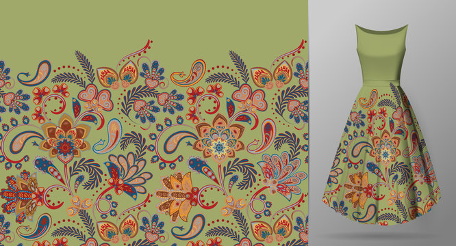 Seamless vertical fantasy flowers border pattern. Hand draw floral background on dress mockup. Vector. Traditional eastern pattern for textiles, wallpapers, decor. Bright colors on green.