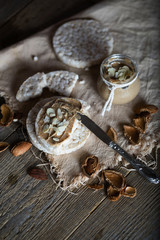 Homemade almond butter on a slice of rice crispbread.