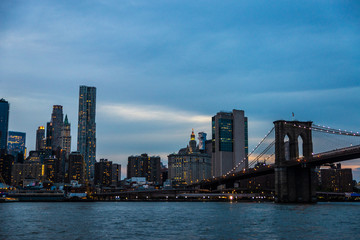 Skyline of skyscrapers at night in Manhattan, New York City, USA