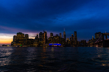 Skyline of skyscrapers at night in Manhattan, New York City, USA