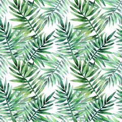 Watercolor seamless pattern with tropical leafs. Exotic fresh pattern isolated on white background