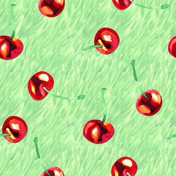Background with red cherry berry. Watercolor summer seamless pattern