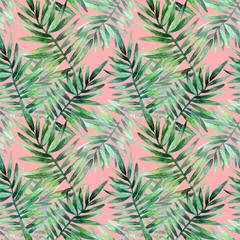 Watercolor seamless pattern with tropical leafs. Exotic fresh pattern isolated on pink background