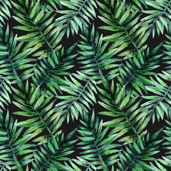 Naklejka na ściany i meble Watercolor seamless pattern with tropical leafs. Exotic fresh pattern isolated on black background