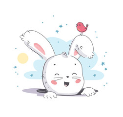 Vector flat illustration of cute little white baby bunny character head smiling from hole and bird. Hand drawn style. For baby calendar, baby shower, birthday card, tee print, sticker, nursery etc.