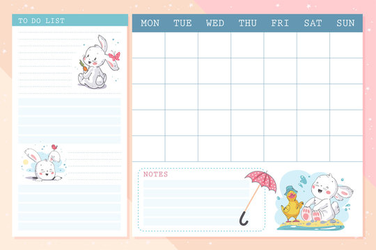 Vector set of monthly planner page design template  calendar for children with cute hand drawn little bunny character. Flat la, pastel colors. Back to school equipment.