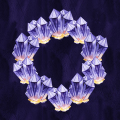 Round purple violet crystal wreath. Watercolor illustration.