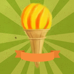 Single cone ice cream with a lemon and orange scoop on a green vintage background