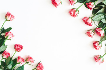 Flowers composition. Rose flowers on white background. Flat lay, top view, copy space