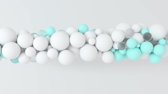 Abstract 3d balls shapes animation rotating and flying on bright background. 4K loop render footage.