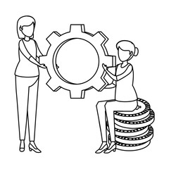 women lifting gear with coins dollars