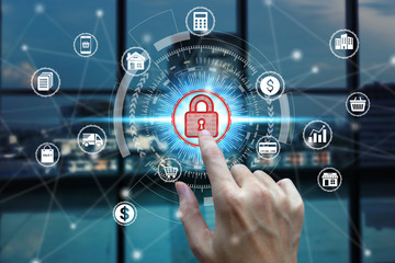 Businessman touch virtual padlock icon over the Network connection, Cyber Security Data Protection Business Technology Privacy concept