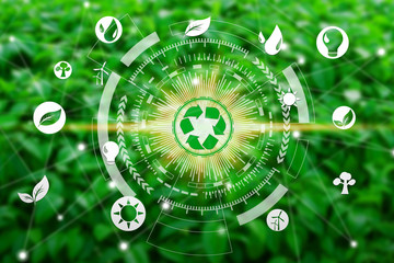 environment icons over the Network connection on nature background, Technology ecology concept