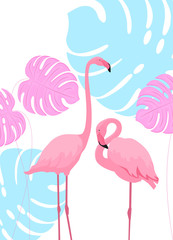 A couple of beautiful flamingos. Tropical leaves. Monstera. Poster print design