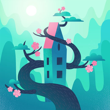 Fairytale house with roof, intertwined with tree on mountains,hills background. Cool Spring weather, pink glowers on blooming crowns. Square Flat cartoon illustration with textures and gradient