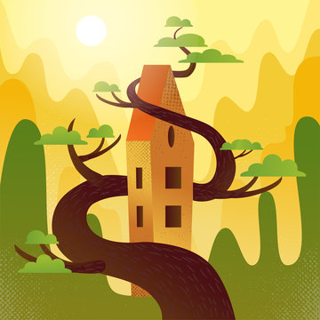 Fairytale house with roof, intertwined with tree on mountains,hills background. Summer weather, hot sun is shining, green crowns. Square Flat cartoon illustration with textures and gradient