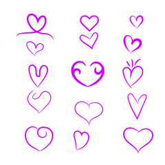 Set of Hand drawn hearts. Love symbol Flat style. Design elements for Valentine's day