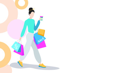Woman with shopping bags. Fashion shopper girl silhouette in bright clothes.  Woman with shopping bags and with cup of coffee walking.