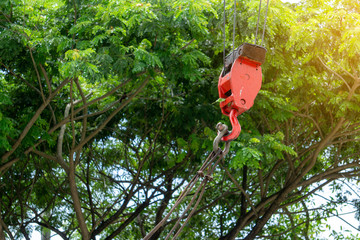 Mobile construction cranes with red lifting steel crane hook, swivel joint and connection steel...